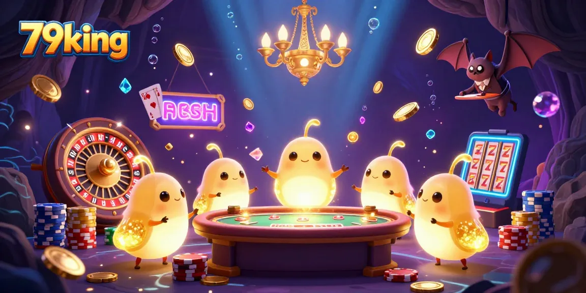 Win big at 79king with a dazzling casino scene featuring glowworms and a bat dealer.