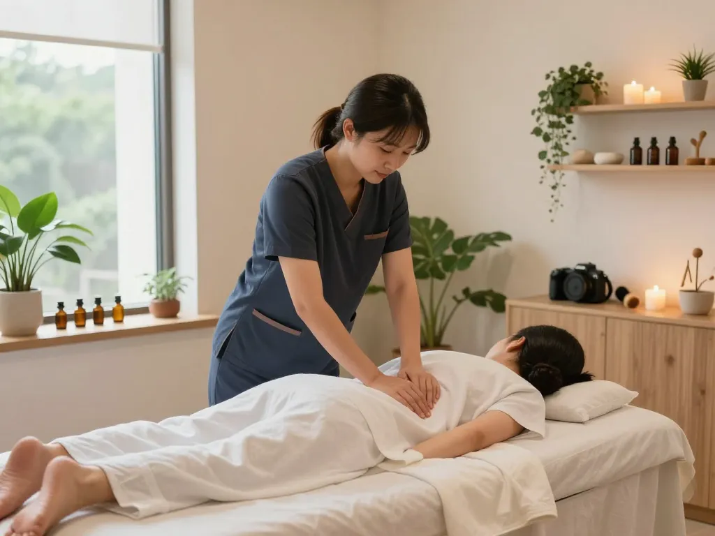 편안한 요소로 평화로운 치료 분위기를 나타내는 오피스타 스튜디오에서의 휴식 마사지 세션.