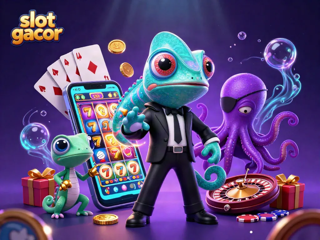 Menangkan slot gacor dengan agen rahasia chameleon dan teman gecko yang canggih dalam ilustrasi kasino.