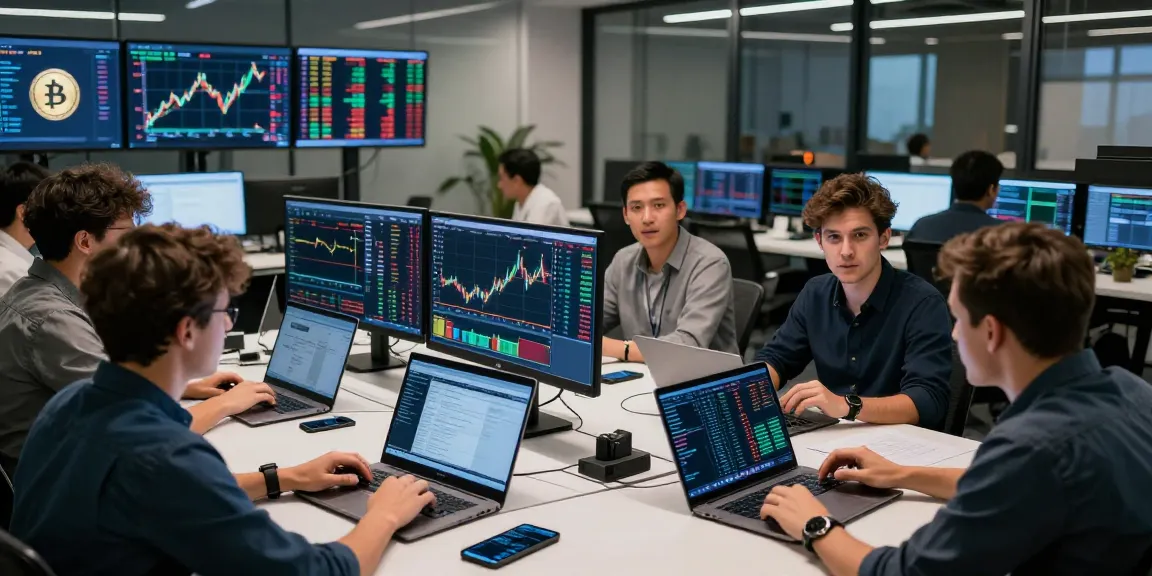 Traders at 업투익스체인지 analyzing cryptocurrency prices in a modern exchange environment.