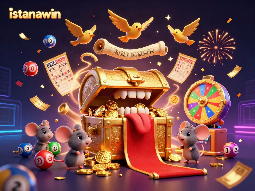 Permainan istanawin dengan kotak harta karun ceria dan bola lotere berwarna-warni yang menggembirakan.