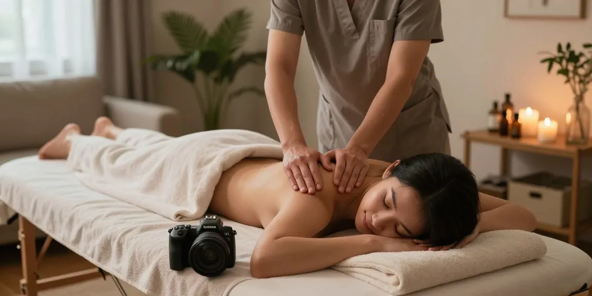 출장마사지로 편안하게 힐링하는 모습, 아늑한 집의 마사지 현장