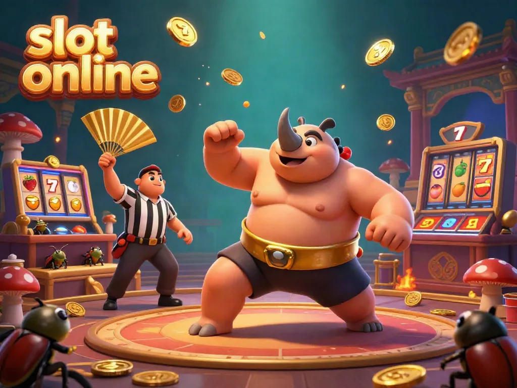 Momen seru permainan slot online dengan kejuaraan lalat badak, banyak koin bersinar beterbangan.