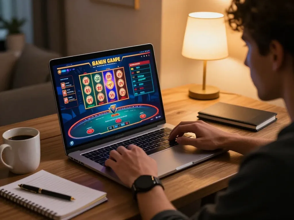 Engaging in an online casino game with GG88, showcasing an immersive gaming setup at home.