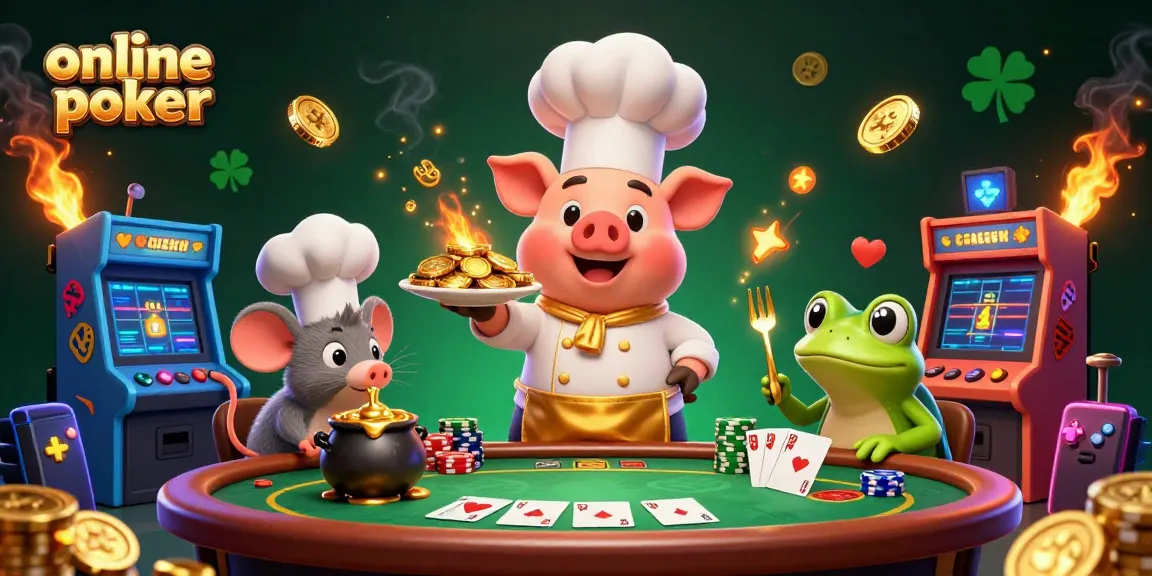 Engage with exciting online poker action as a gourmet chef pig serves gold coins amidst vibrant game elements.
