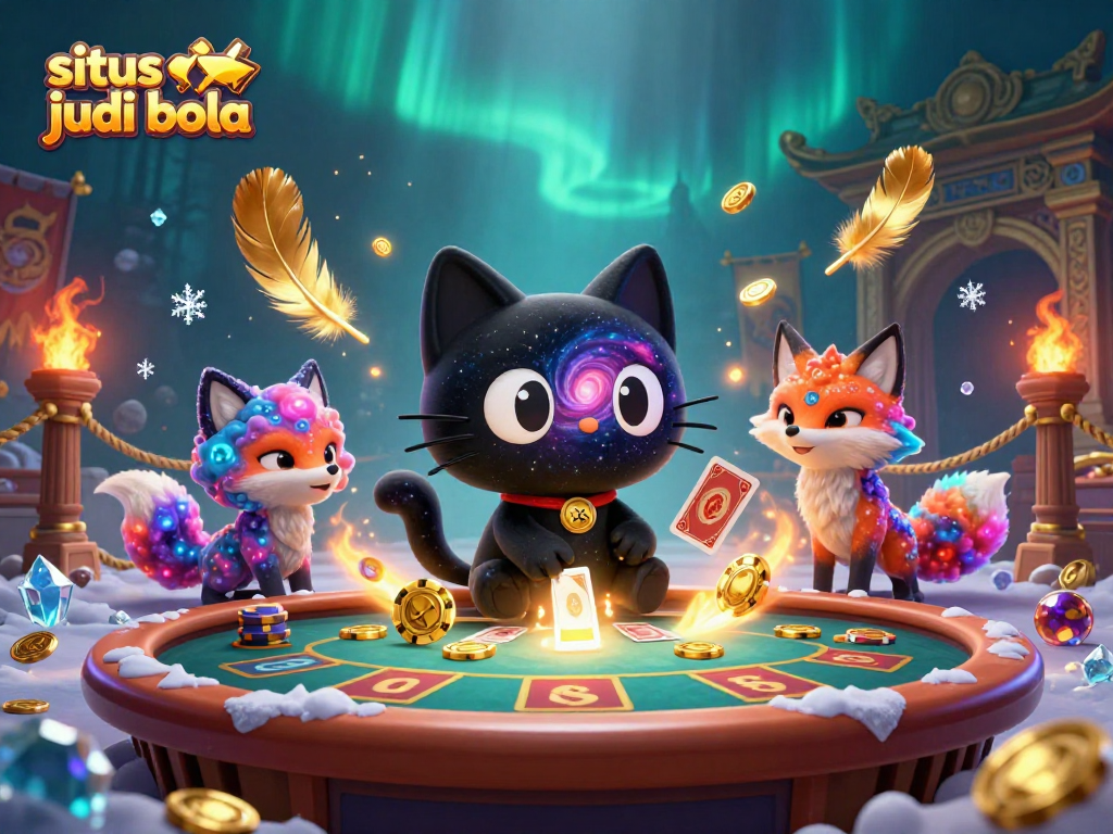Engage with situs judi bola dynamics, featuring a cosmic casino scene with a black hole cat pulling in golden chips and cards.