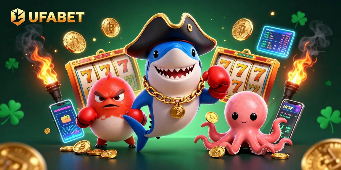 Spin winning slots with UFABET alongside a pirate shark and friends in a vibrant casino scene.
