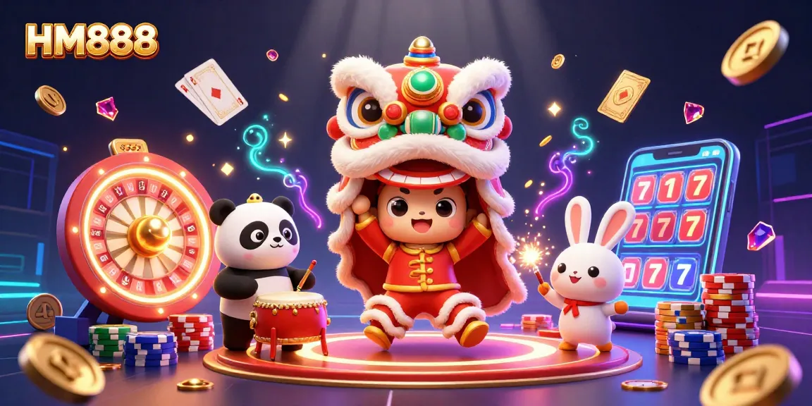 Experience HM888 with a vibrant lion dance amid casino thrills, showcasing festive elements and exciting game symbols.