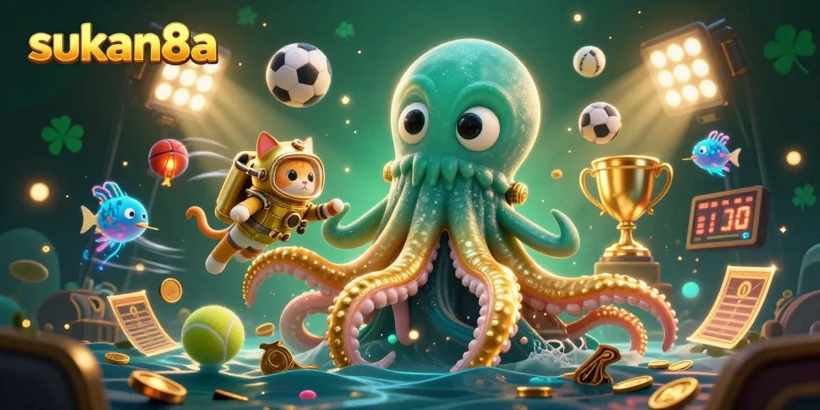 Sukan8a showcases thrilling gameplay with a colossal kraken and diving cat amid vibrant gambling elements.