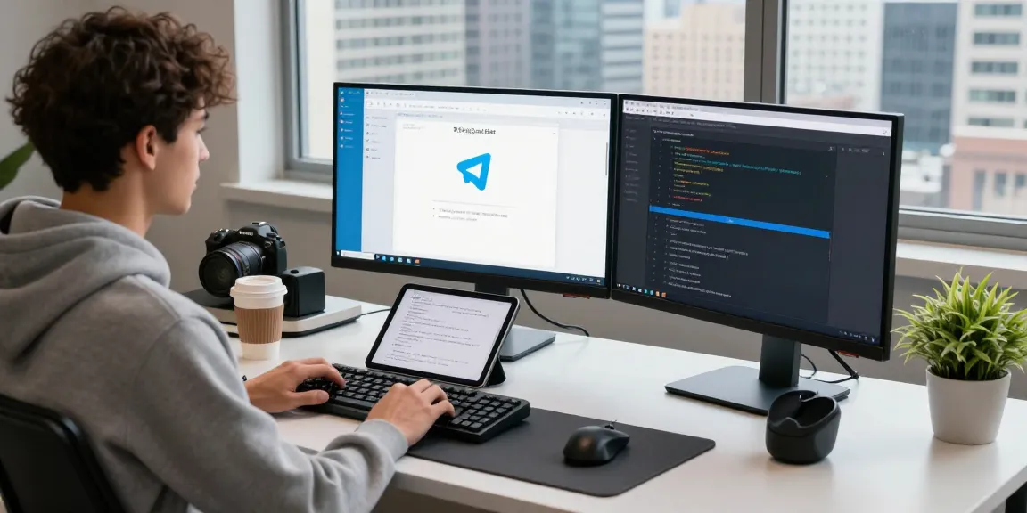 Developer programming telegram中文版 interface on multiple monitors in a modern tech workspace.