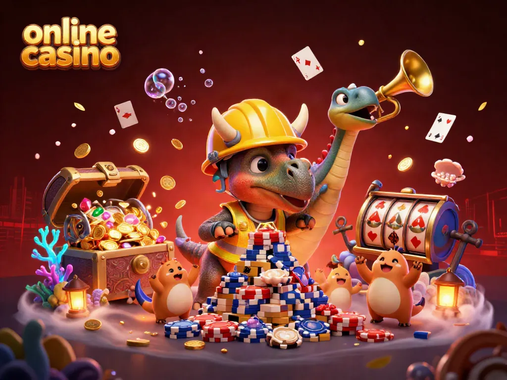 Engaging online casino scene with triceratops creating poker chip pyramid alongside celebrating characters