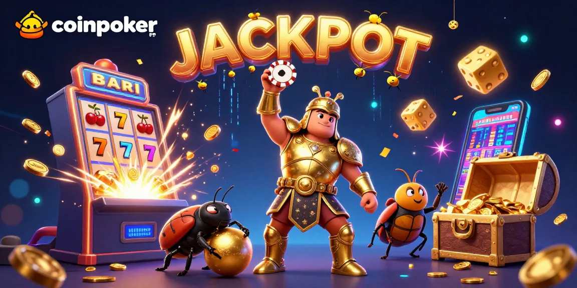 Scopri l'app coinpoker app con un'illustrazione vivace e dettagliata di un guerriero scarabeo che solleva un cerchio della vittoria!