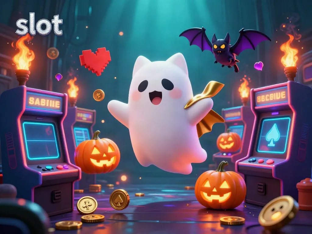 Casually enjoying slot gaming fun with a ghost cat and bat in a spooky casino setting.
