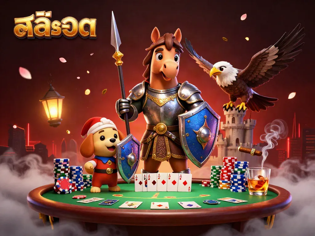 Engage in exciting สล็อต gameplay with knights and a puppy amidst vibrant casino elements.
