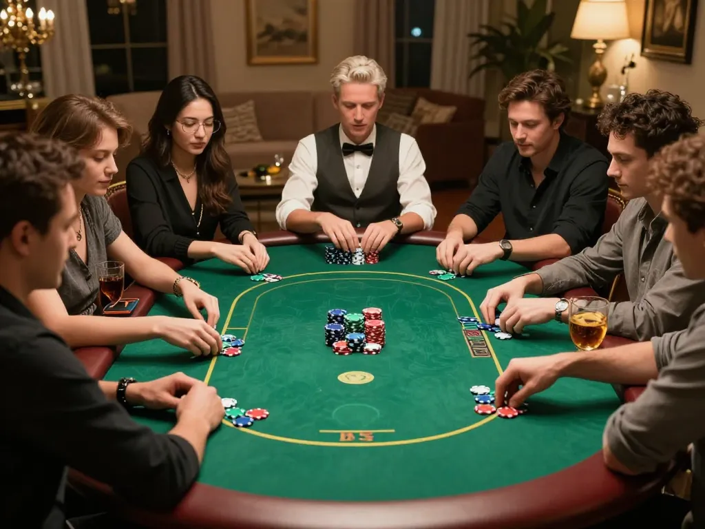 Players enjoying a thrilling poker game at home with 99win strategy unfolding.