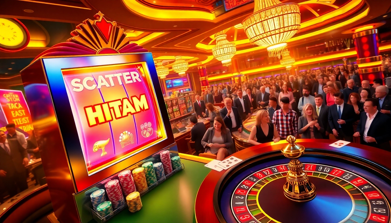 Players winning big on scatter hitam slots at a vibrant casino scene with tables and chips.