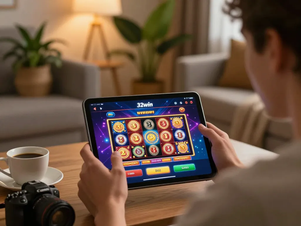 Player enjoying the 32win app on a tablet in a cozy home setting with vibrant slot game graphics.