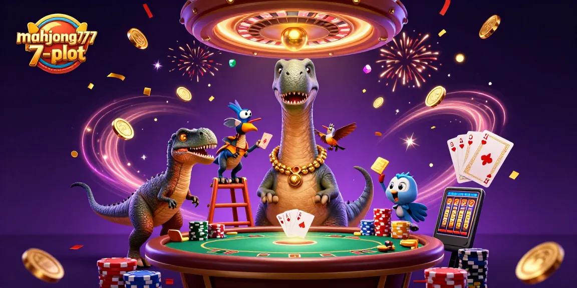 Spin to win with mahjong777-slot as a giant dinosaur oversees thrilling 3D casino action.
