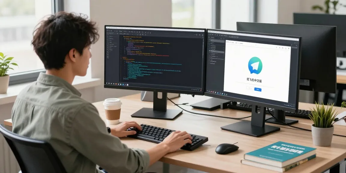 Developer coding in modern office with dual monitors showcasing 纸飞机中文版, coffee cup and tech books nearby.