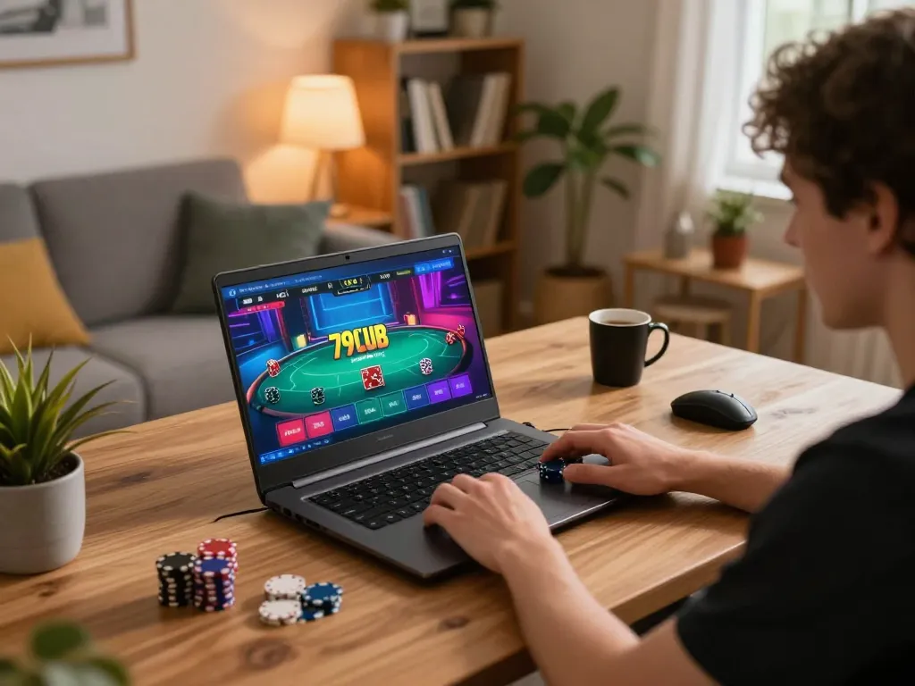 Engaging online poker play at 79club with warm home lighting and colorful graphics.