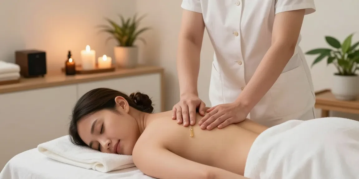 마사지로 편안하게 휴식을 취하는 모습, 아늑한 스파의 분위기