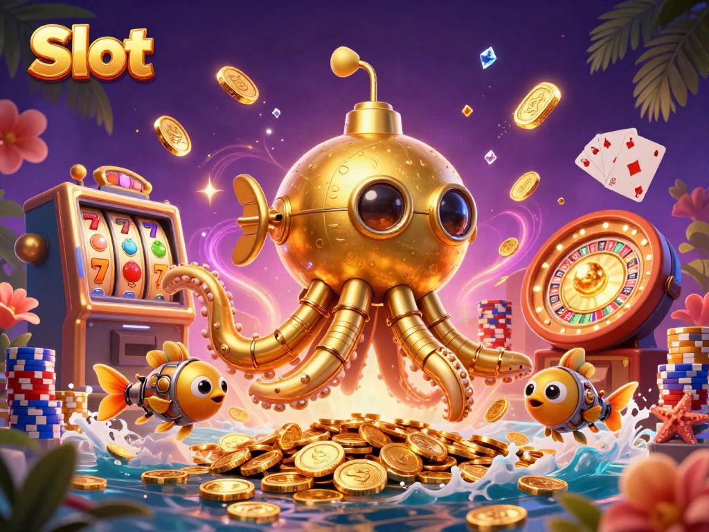 Spin the Slot reels to win big with this fantastical 3D kraken-themed casino scene.
