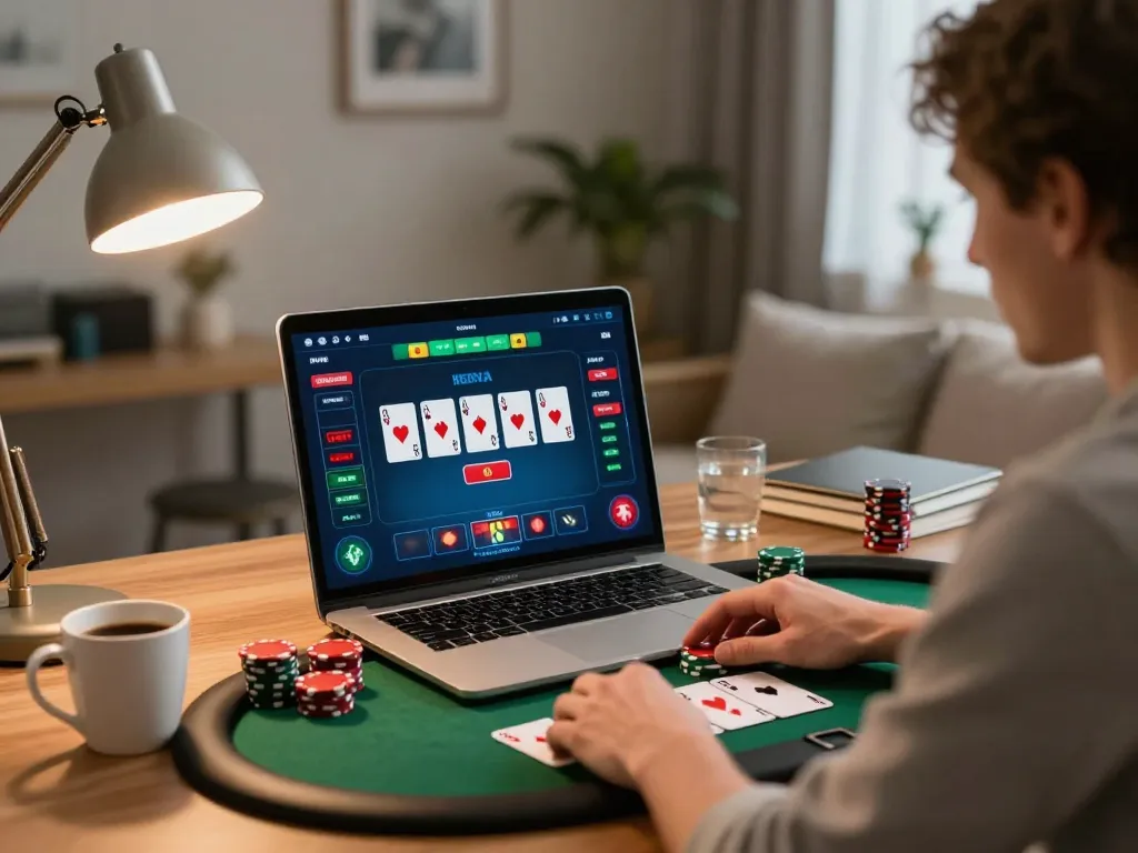 Engaged player at https://vmax99.vip/ enjoying an online poker game in a comfortable home setup.