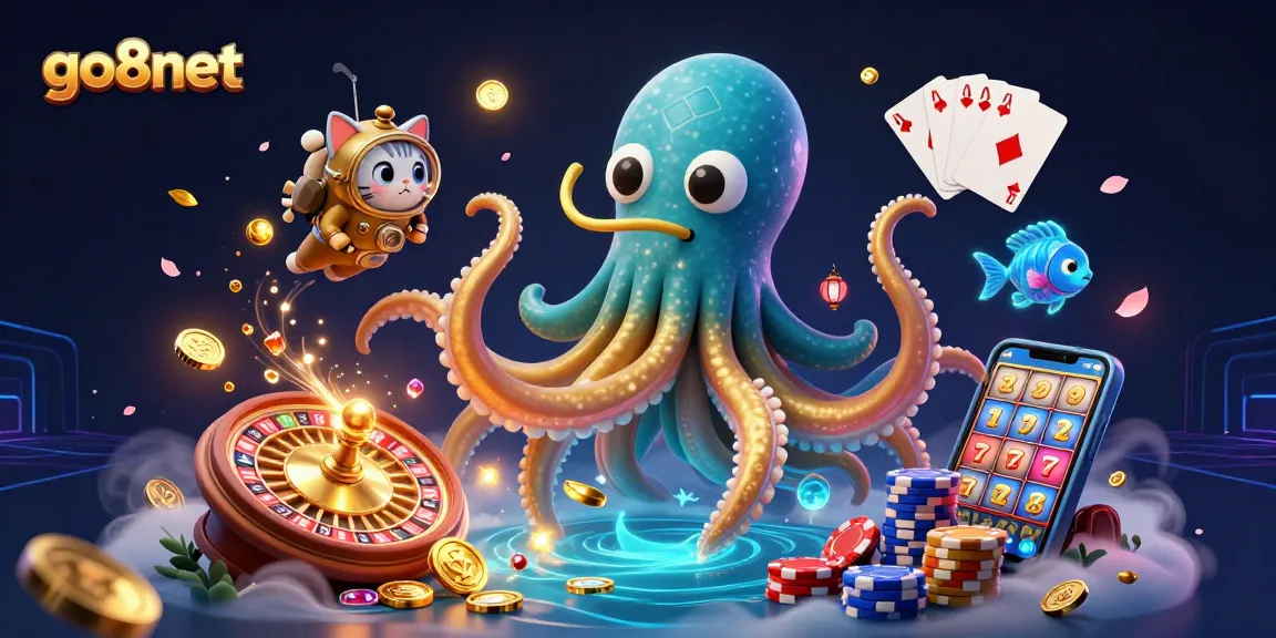Experience the adventure at go8net with a colorful 3D casino scene featuring a kraken, diving cat, and treasures.