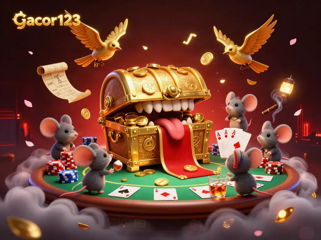 Experience thrilling gameplay with gacor123's treasure-filled casino scene and dynamic poker setup.