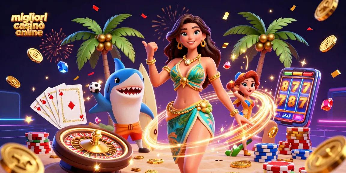 Interagisci con i migliori casinò online mostrando elementi di casinò 3D vibranti e un'atmosfera di festa.