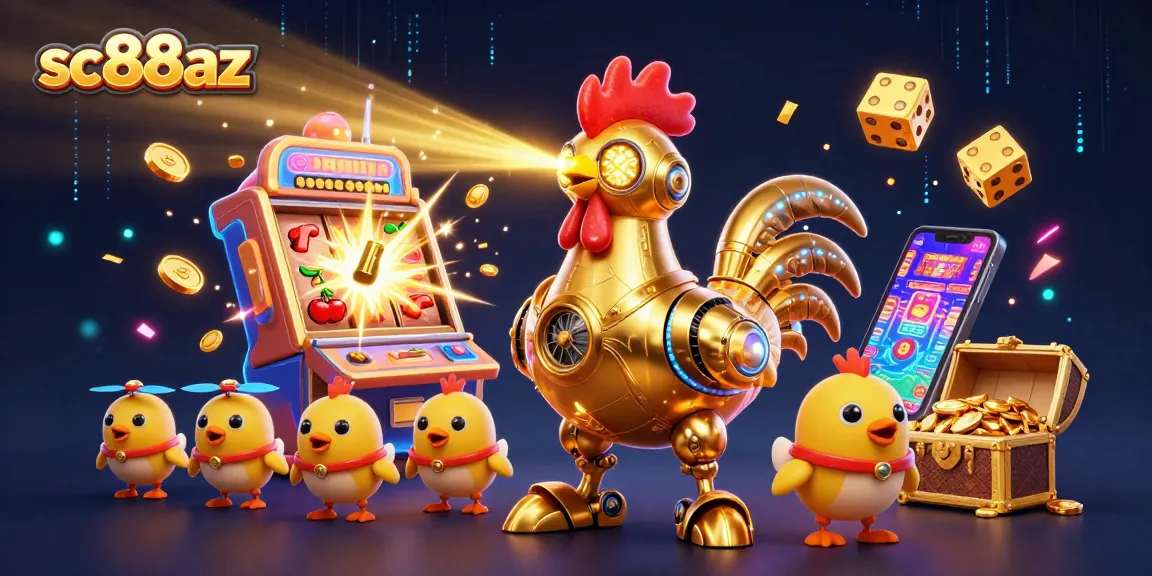 Sculpt spectacular gaming experiences with sc88az, showcasing a golden rooster robot amidst vibrant casino elements.