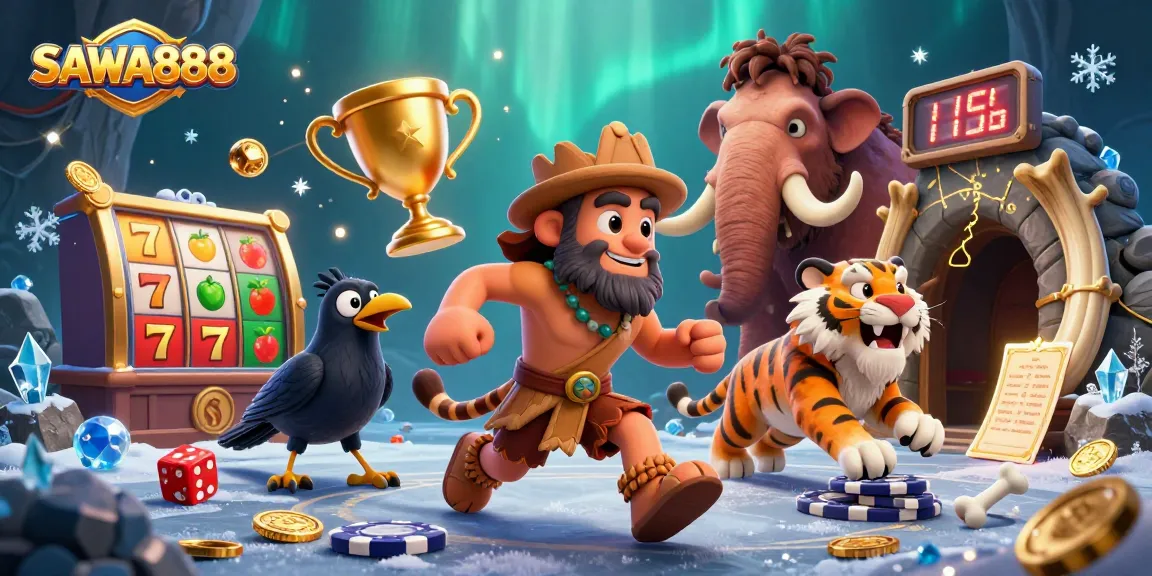Explore SAWA888's dynamic prehistoric casino scene with 3D illustrated characters and vibrant gaming elements.