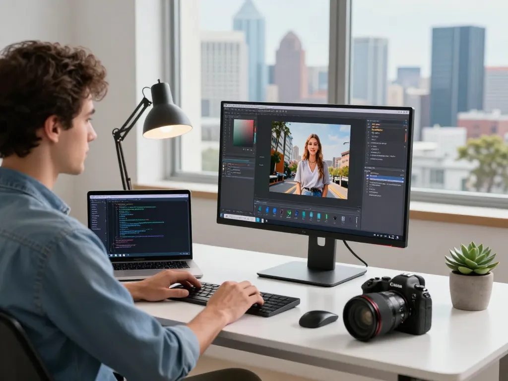Creative professional using nano banana pro in a modern tech workspace.