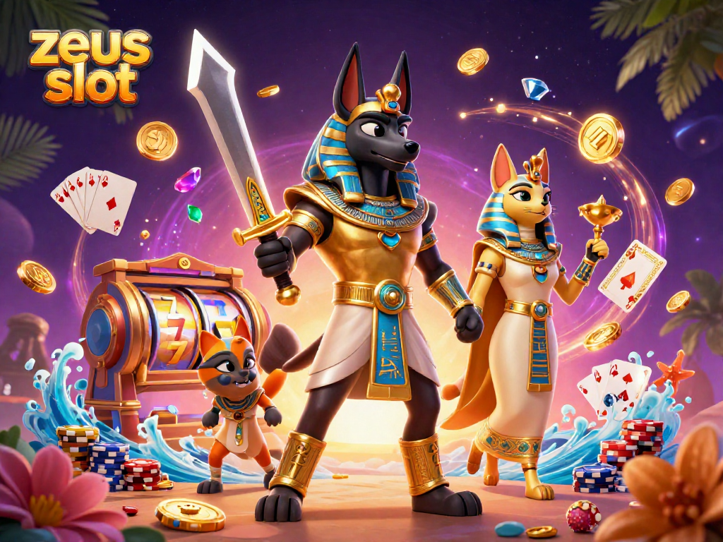 Experience the excitement of zeus slot with cascading coins and dynamic characters in a vibrant casino scene.