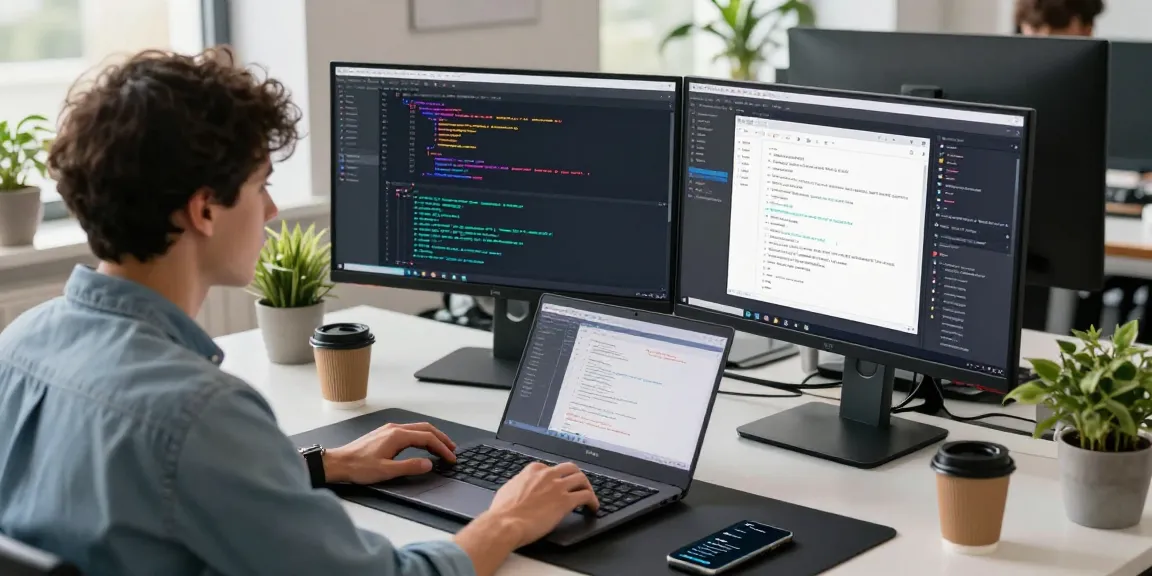 A developer working at a modern tech workspace, showcasing telegram中文版 on dual monitors with a vibrant coding interface, blending productivity and a creative atmosphere.