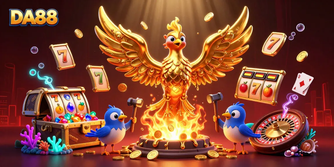 Win big at DA88 with a vibrant 3D golden phoenix in an explosive casino treasure scene.