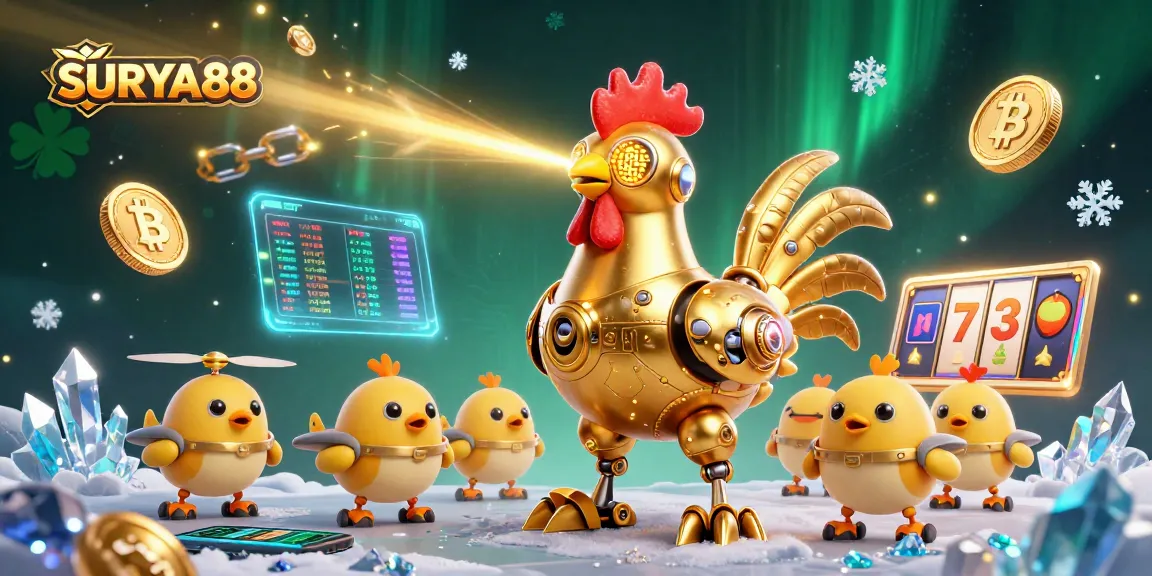 SURYA88 offers exciting slots with a golden rooster robot and cryptocurrency elements in a captivating 3D illustration.