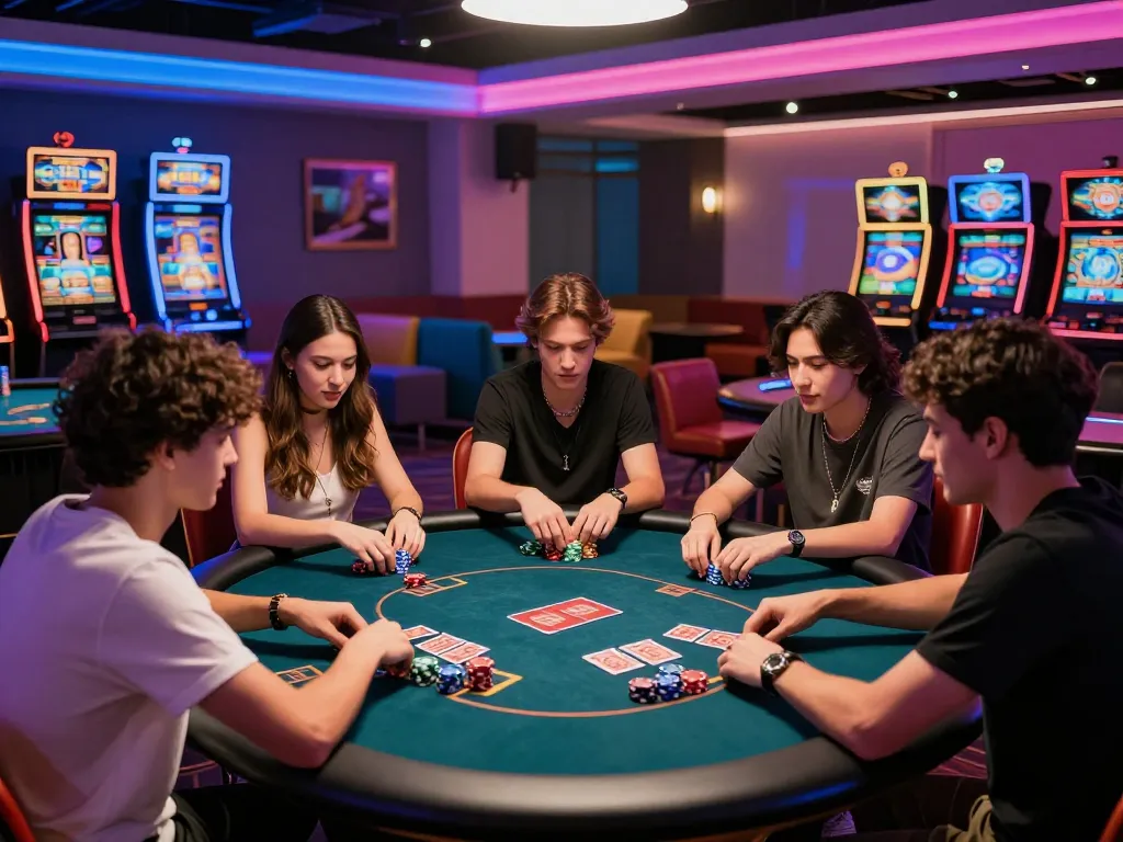 Casino hubet88 gaming scene with players engaged in poker surrounded by vibrant lights.