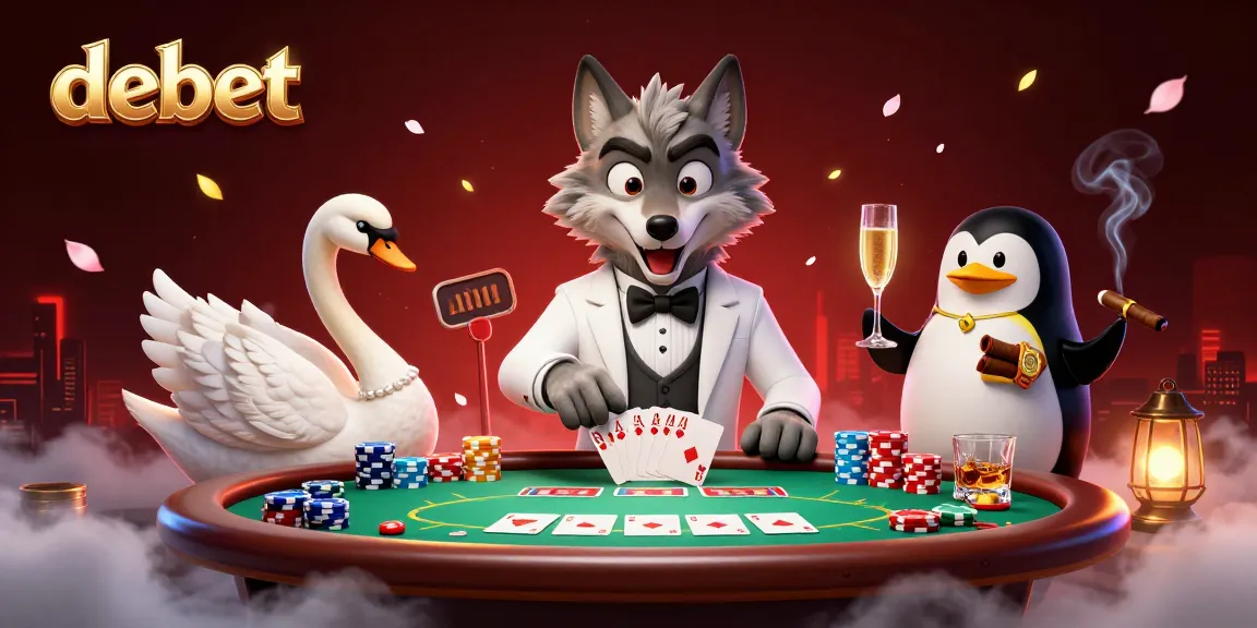 Engage in debet casino games with charming characters at a baccarat table under glowing city lights.