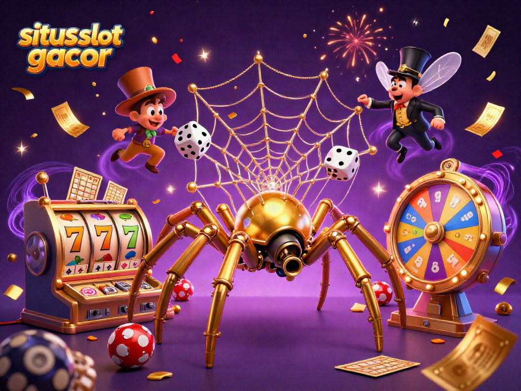 Experience situs slot gacor with a steampunk spider weaving a vibrant gambling web.