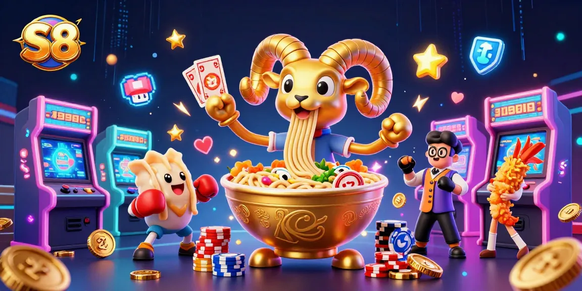 Engage with S8's thrilling gaming world featuring vibrant 3D characters and casino elements.