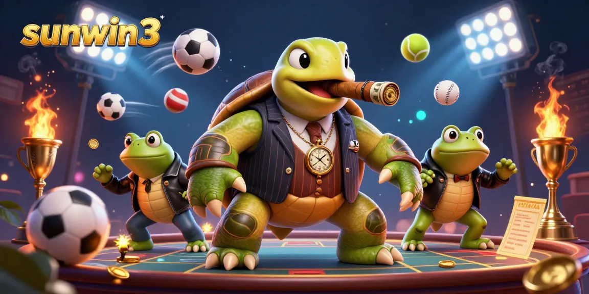 Experience thrilling wins at sunwin3 with a dynamic, cartoon casino scene featuring a snapping turtle and bullfrog enforcers.