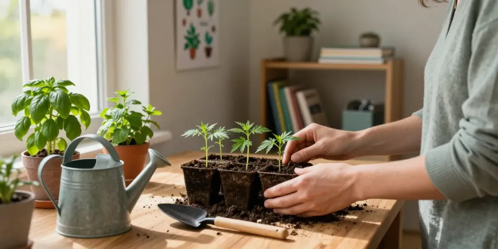 Cannabis seeds being nurtured in pots at home with sunlight and gardening tools.