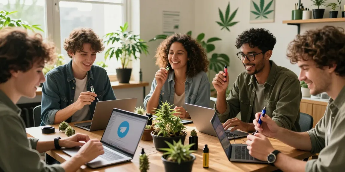 Engaged cannabis enthusiasts exploring thc vape telegram uk in a vibrant community setting.
