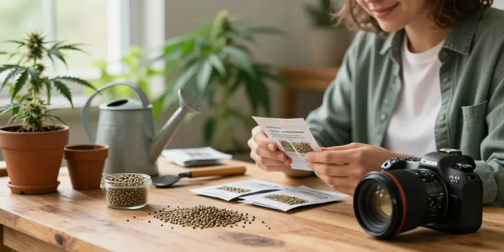 Cannabissamen kaufen: Ein begeisterter Gärtner untersucht verschiedene Cannabis Samen in einer warmen, einladenden Indoor-Gartenumgebung.