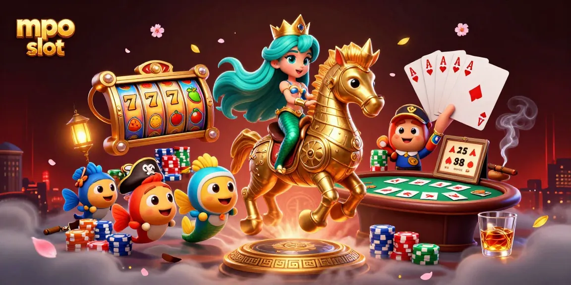 Experience the fun of mpo slot with this vibrant 3D illustration of cartoon characters immersed in a lively casino setting.