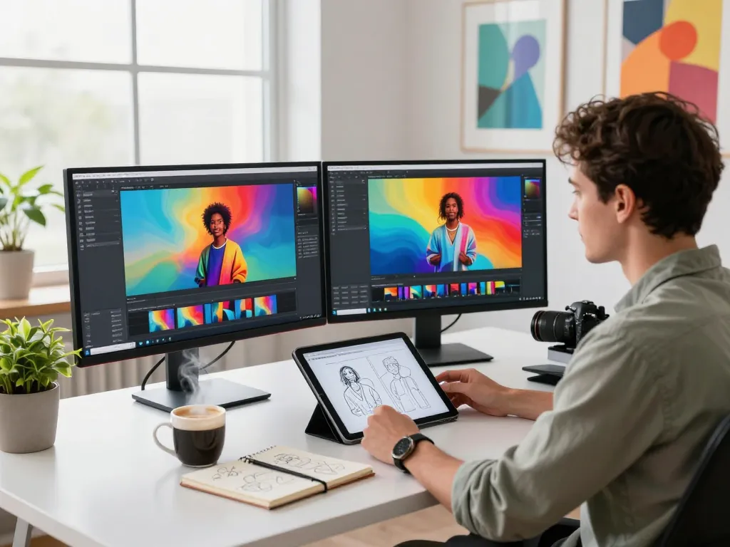 A creative workspace featuring the nano banana 2 AI image editor on dual monitors, showcasing vibrant image editing and design drafts.
