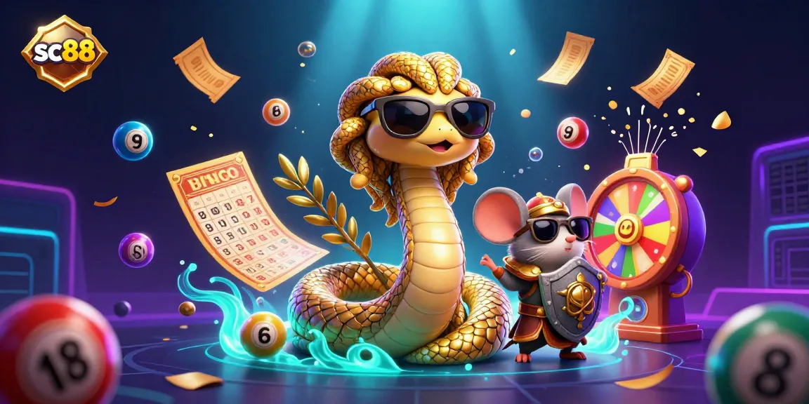 Engage with the vibrant world of sc88 featuring a Medusa snake-lady and a warrior mouse amid dynamic lottery elements.