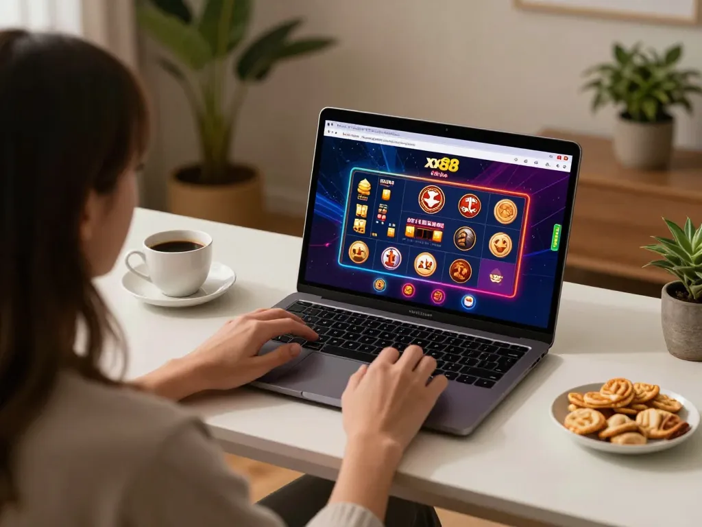 Person engaging in online gaming on the XX88 Asia platform, showcasing a cozy home setup.