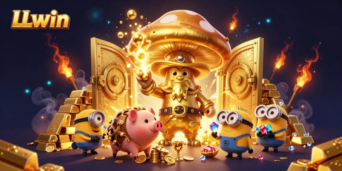 Experience the magic of LLwin's golden treasures and thrilling casino adventures in this vibrant illustration.